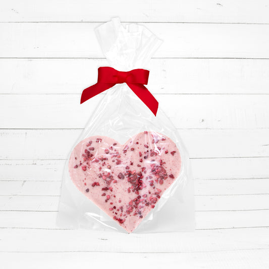 Herztafel aus weisser Schokolade mit Himbeeren 90g