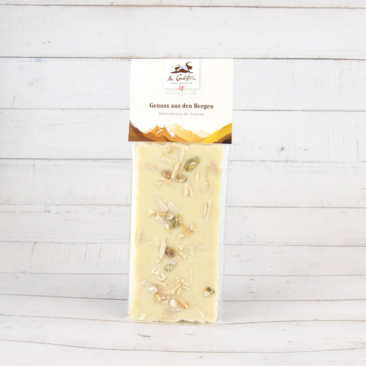 Weisse Schokolade mit karamellisierten Mandeln mit Pistazien, 100g